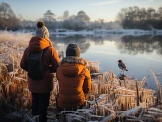 Two people birdwatching in winter gear observe a bird by a frosty lakeside at sunrise, their warm jackets contrasting with the cold blue of the frost-covered reeds. - obrazy, fototapety, plakaty