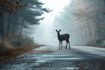 Misty Morning Encounter: Deer Stands Cautiously on Foggy Road - obrazy, fototapety, plakaty