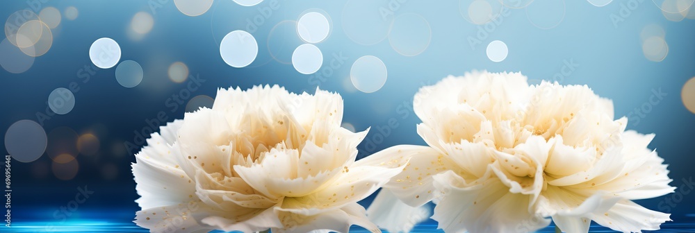 Poster beautiful white carnation flower on mesmerizing bokeh background with spacious area for placing text