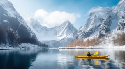 A lone kayaker in a bright yellow kayak contrasts against the snowy mountain backdrop, reflecting the stillness and grandeur of a wintry lake scene.
