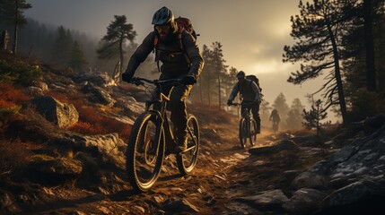 Fototapeta premium mountain bikers navigating a rocky trail surrounded by pine trees, with a soft golden sunlight filtering through the mist.