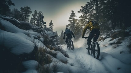 mountain bikers riding through a snowy landscape, with pine trees lining the trail and the sun peeking through the overcast sky.
