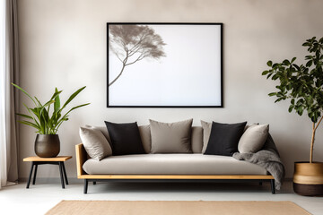 The modern interior of the living room in Japanese style. A grey sofa stands against the wall