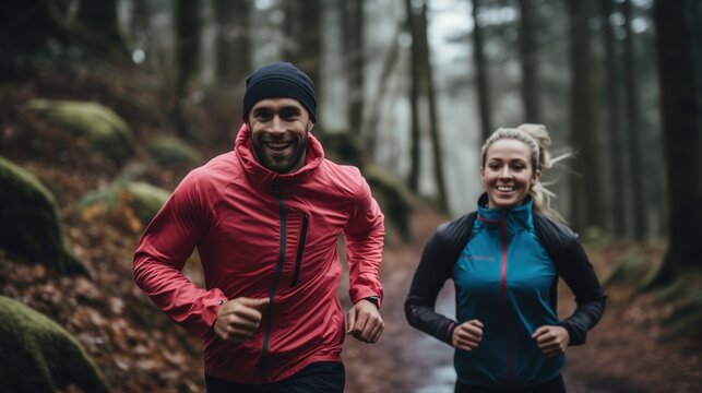 A runner in a bright red jacket and beanie smiles broadly, enjoying a run through a foggy, moss-covered forest, invigorated by the peaceful surroundings.
