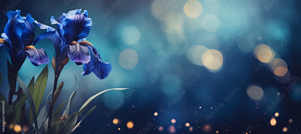 Poster blue iris with bokeh background and generous text space on left, creating a captivating composition
