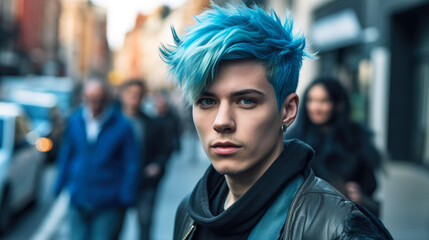 Portrait of a young man with blue hair in the city. Concept of fashionable haircut and hairdressing salon - obrazy, fototapety, plakaty