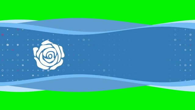 Animation of blue banner waves movement with white rose symbol on the left. On the background there are small white shapes. Seamless looped 4k animation on chroma key background