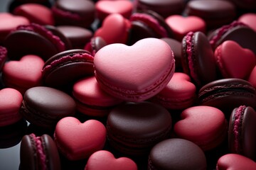 Obraz na płótnie Canvas Pink and chocolate macarons with chocolate, raspberry, and strawberry flavors, shaped like hearts on a dark background, in a festive, romantic style.