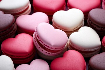 Fototapeta na wymiar Macarons in various shades of pink and red, including those in the shape of hearts, symbolizing romance and love.