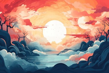 Cartoon landscape with lake, forest and sunset. Abstract background for Tet Nguyen Dan.  
