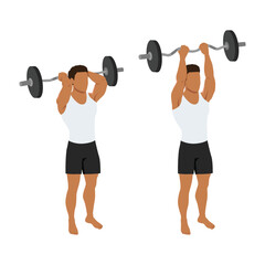 Man doing barbell reverse grip tricep extension exercise. Flat vector illustration isolated on white background