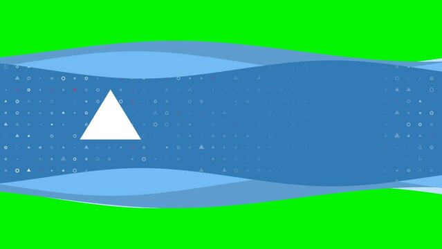 Animation of blue banner waves movement with white triangle symbol on the left. On the background there are small white shapes. Seamless looped 4k animation on chroma key background