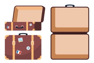 Retro leather suitcase with metal corners, belts and handle. Suitcase, open and closed, ready for packing. Front and top view. Preparing for the trip. Vacation and travel concept. Vector illustration.
