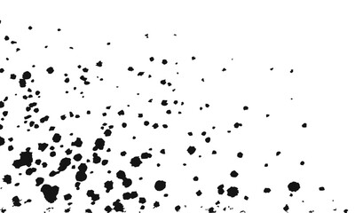 Noise or graininess. Lots of black rough splattered spots in the corner of the frame. Monochrome dotted vector design element for overlay. Set of different blots isolated on transparent background