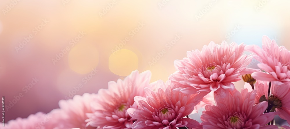 Poster pink chrysanthemum on isolated magical bokeh background with ample copy space for text placement
