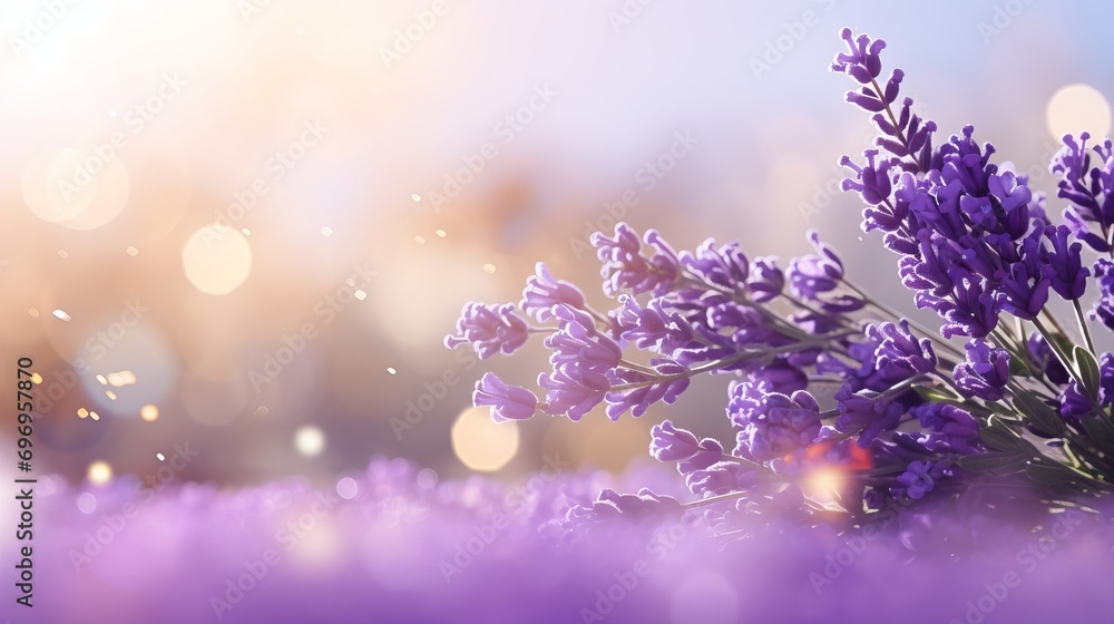 Poster purple lavender on isolated magical bokeh background with copy space for text placement