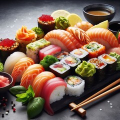 Assorted fresh sushi set on a dark stone tray, vibrant colors, elegant presentation.