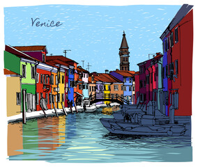 Vector illustration of Venice street. Italy with boats, houses and water, drawn in sketch style. Freehand illustration. Reflection of colorful houses in the water of channel. Card