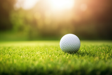 golf ball white close-up lying on green grass, blurred background, sunset