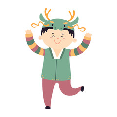 Cute boy in Korean clothes hanbok in dragon hat character illustration. Hand drawn cartoon vector illustration. Flat style design. Seollal holiday card, poster, banner element