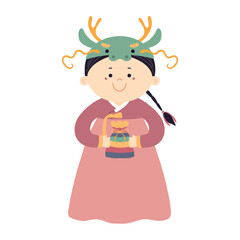 Cute girl in dragon hat, holding traditional Korean gift character illustration. Hand drawn cartoon vector illustration. Flat style design. Seollal holiday card, poster, banner element