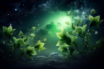 Fototapeta na wymiar flowers green blossom on background night skies and abstract planet moon, space flower, unreal