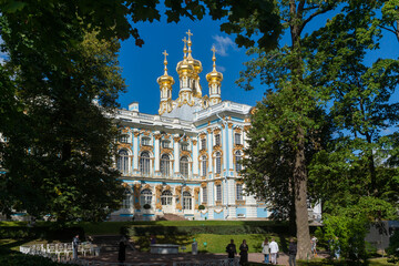 Fototapeta na wymiar Pushkin, Russia - September 5, 2023: Catherine Palace is a rococo style palace located in the city of Tsarskoe Selo, 30 km south of St. Petersburg, Russia.