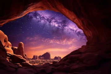 Foto op Plexiglas Milky Way arch, fantastic night landscape, purple sky, stars, universe, space background with starry sky, galaxy, idyll © -=RRZMRR=-