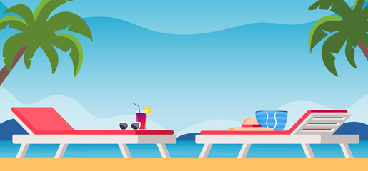 Sunbeds with parasol at sand beach. Summer tropical resort with private chaise-longues at seacoast. Sun bed and beach elements. Vector illustration. - obrazy, fototapety, plakaty