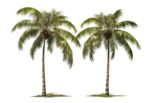 palm trees, two, shaggy vegetation, isolated on  white background