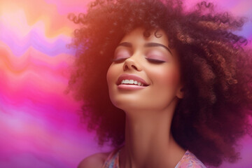portrait happy closed eyes girl, smiling dreamy woman, multicolored curly hair in afro-style, wavy background