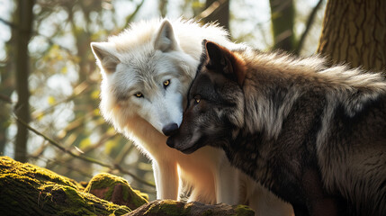 Black and white wolf couple in love in the forest