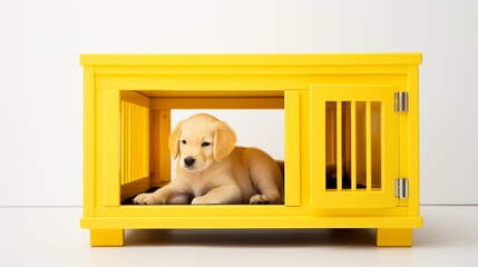 a visually appealing composition of a bright yellow kennel, emphasizing its spacious design and playful charm, isolated on a clean white surface.