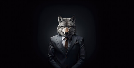 Anthropomorphic realistic wolf director, boss in elegant business suit, white shirt and stylish tie. Large portrait on dark background, horizontal orientation of the postcard. business concept