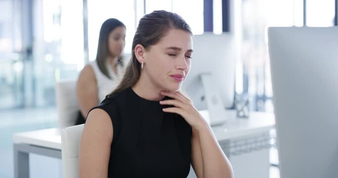 Woman, sick and coughing in office, computer and virus for infection, sinus and cold symptoms. flu, colleague and allergy in workplace, sore throat and healthcare for disease or spread germs
