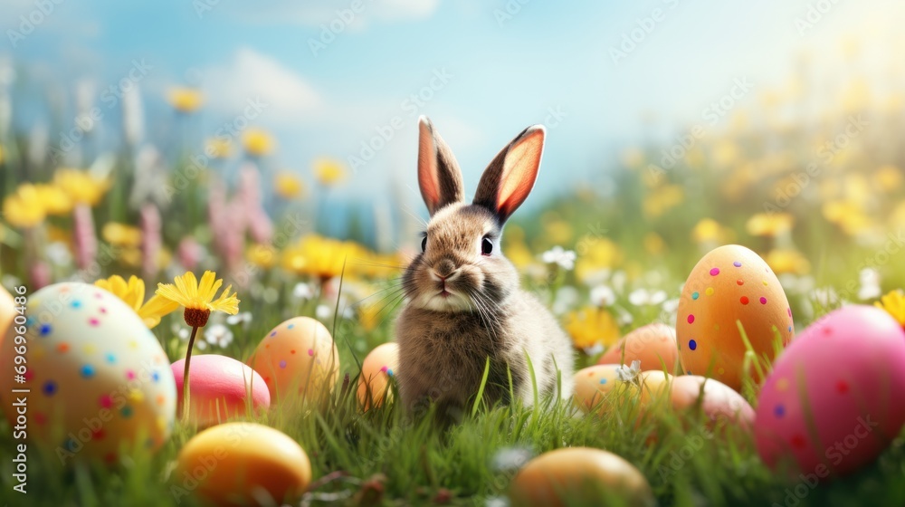 Poster a rabbit sitting in a field of eggs with daisies in the foreground and daisies in the background.