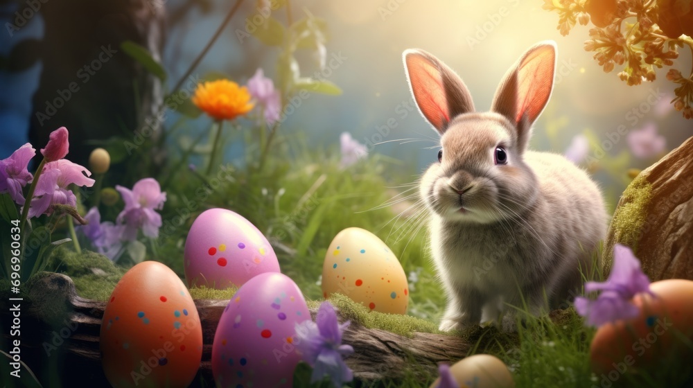 Aufkleber a rabbit sitting in the grass next to some eggs and a tree with a bunch of flowers in the background