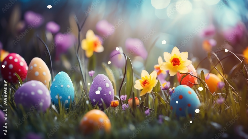 Poster a field full of colorful easter eggs with daffodils in the foreground and a blue sky in the backgrou