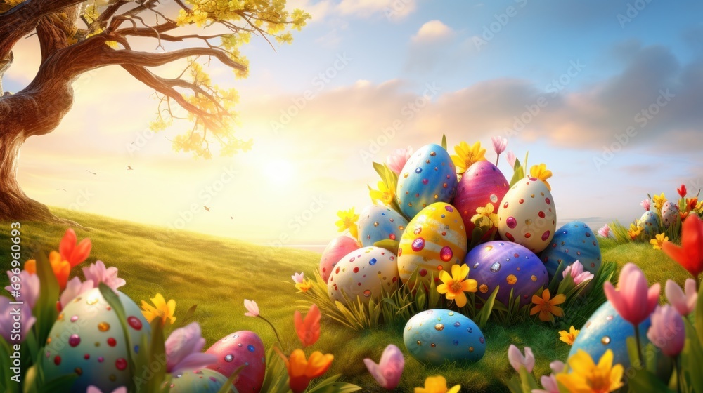 Poster a painting of a bunch of eggs in the grass with a tree in the background and flowers in the foregrou