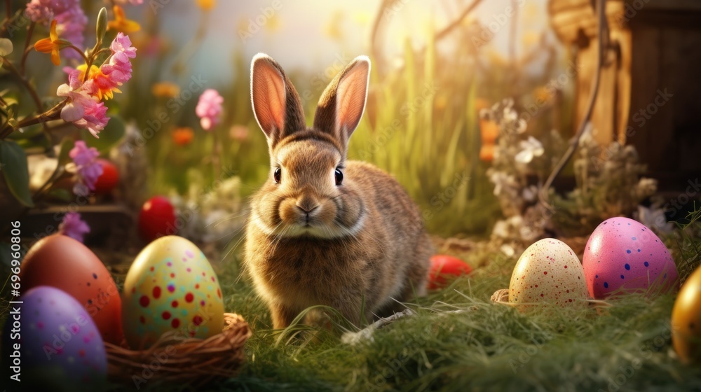 Poster a rabbit is sitting in the grass surrounded by easter eggs and a basket with eggs in the grass and f