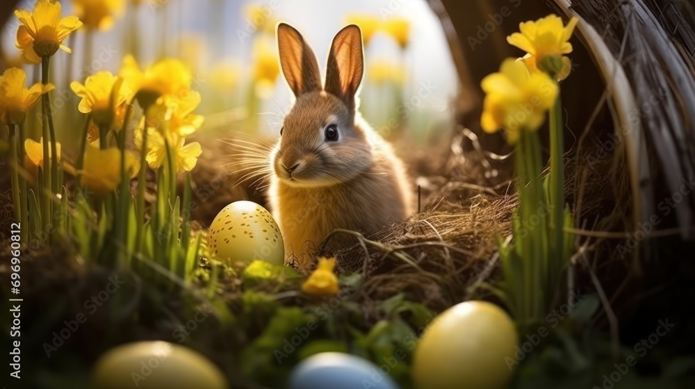 Poster a rabbit sitting in the middle of a field of daffodils next to a basket filled with eggs.