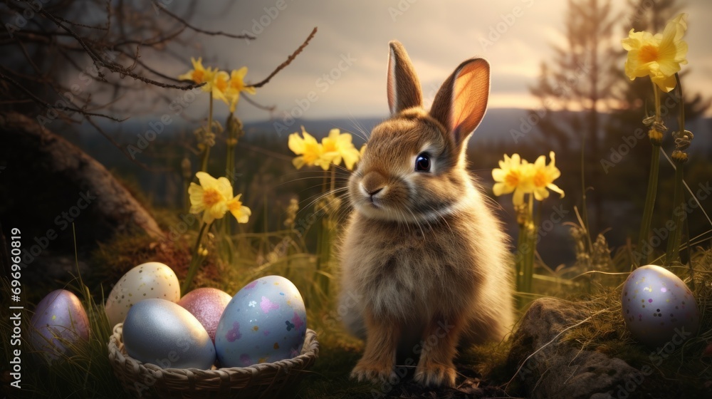 Poster a rabbit sitting next to a basket of easter eggs in a field of daffodils and daffodils.