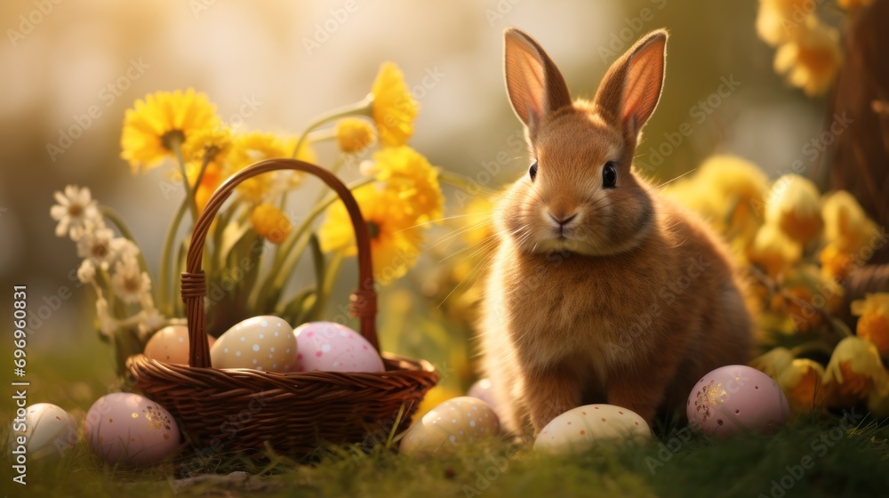 Poster a rabbit sitting in the grass next to a basket with eggs and daffodils in front of it.