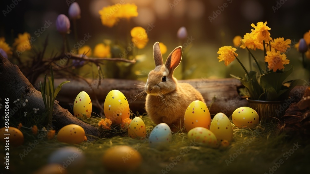 Poster a rabbit sitting in the middle of a field of yellow and purple eggs with daffodils in the background