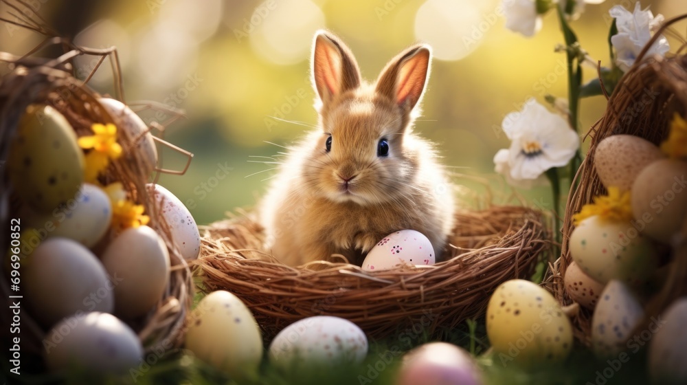 Poster a rabbit is sitting in a basket with some eggs in front of it and some flowers on the other side of 