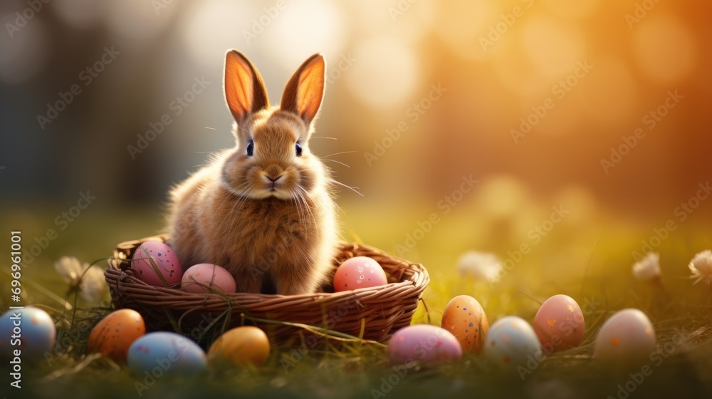 Poster a rabbit is sitting in a basket full of eggs in the grass with the sun shining through the trees in 