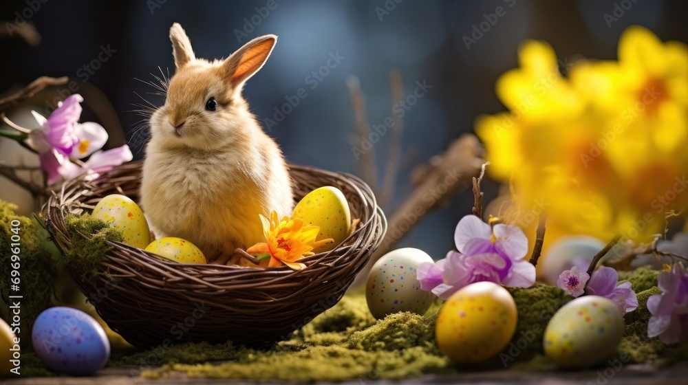 Poster a rabbit sitting in a basket with easter eggs and flowers in front of a backdrop of daffodils and da