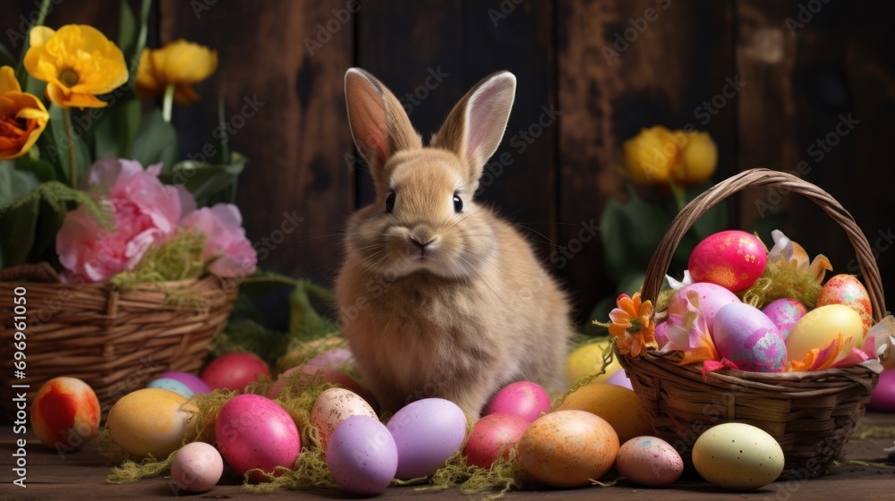 Poster a rabbit sitting in front of a basket of easter eggs with tulips and daffodils in the background.