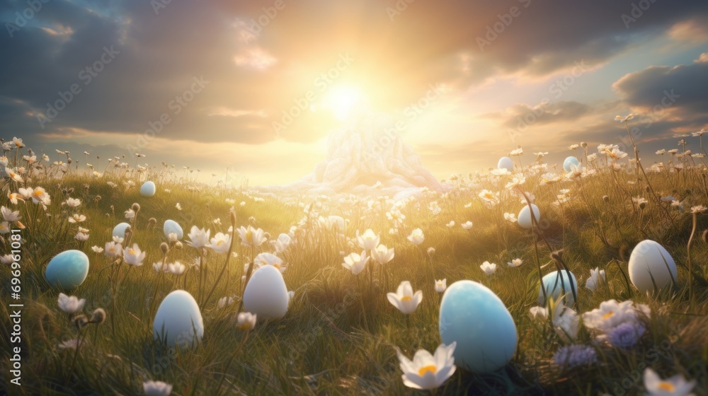 Poster a field full of white and blue eggs with a buddha statue in the middle of the field in the backgroun