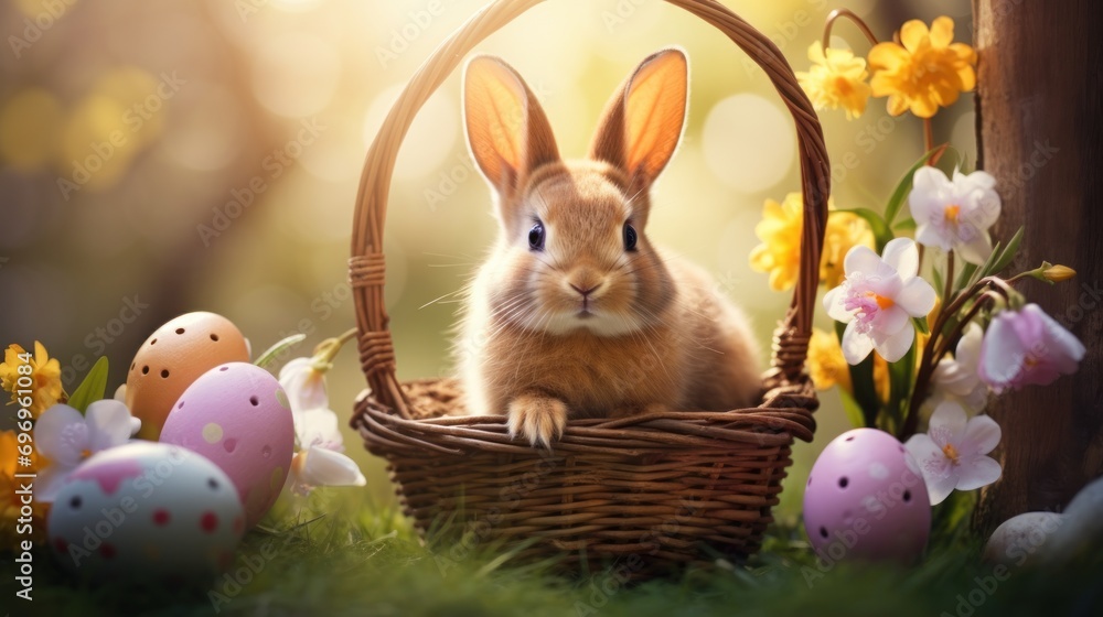 Aufkleber a rabbit sitting in a basket with easter eggs in the grass and daffodils in front of it.